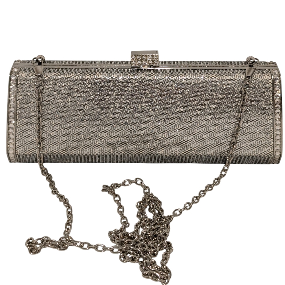 bebe Sparkling Silver Rhinestone Clutch - Evening Bag with Chain Strap